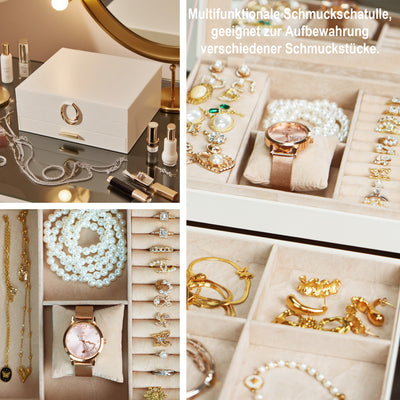 AdelDream 2-stöckig Schmuckkästchen Schmuckaufbewahrung mit ausziehbarem Tablett Schmuck Organizer mit großem Spiegel mit DIY-Struktur