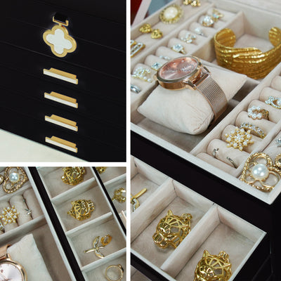 AdelDream 5-stöckige Schmuckkästchen mit Kleeblatt-Knopf Schmuckaufbewahrung mit ausziehbarem Tablett Schmuck Organizer mit großem Spiegel,DIY verstellbare Fächer