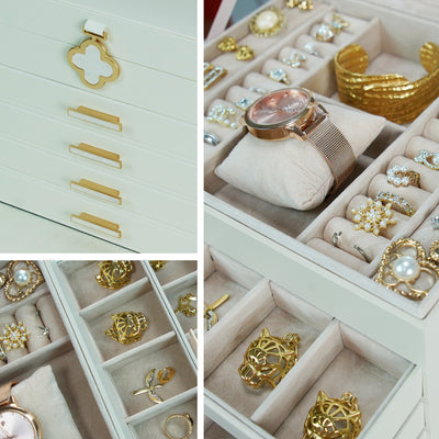 AdelDream 5-stöckige Schmuckkästchen mit Kleeblatt-Knopf Schmuckaufbewahrung mit ausziehbarem Tablett Schmuck Organizer mit großem Spiegel,DIY verstellbare Fächer