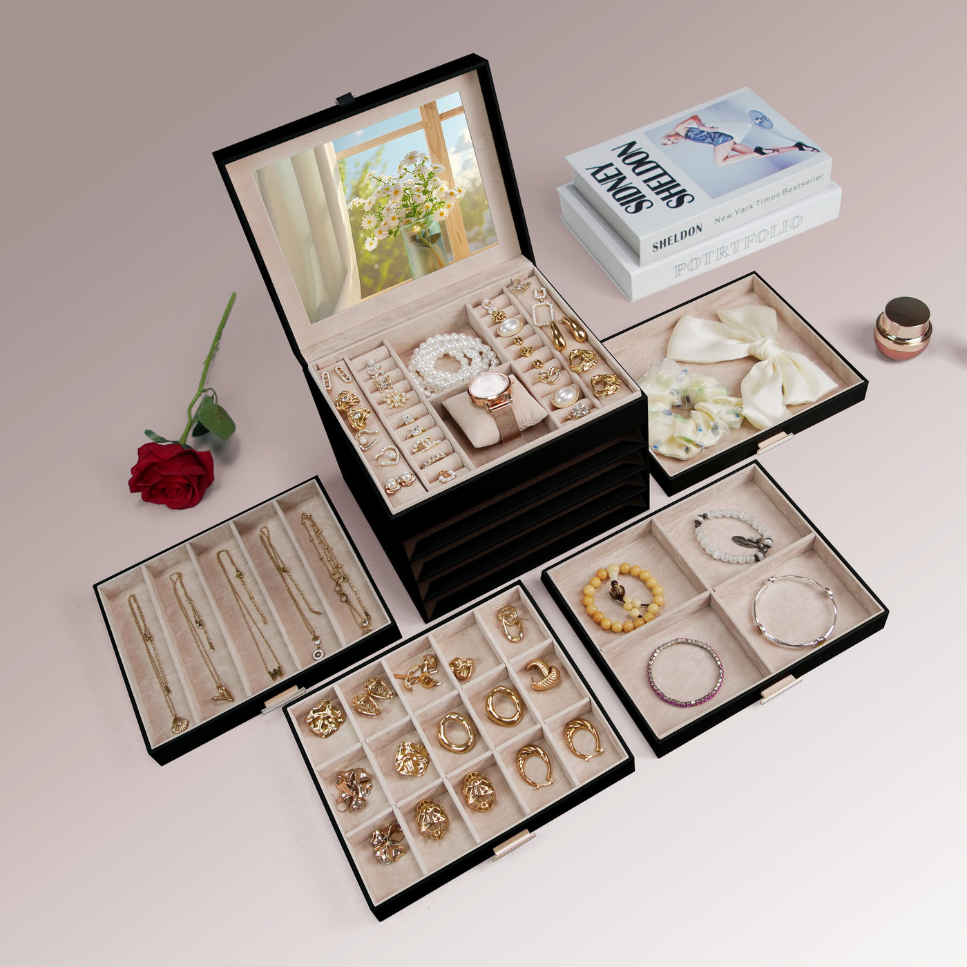 AdelDream 5-stöckige Schmuckkästchen mit Kleeblatt-Knopf Schmuckaufbewahrung mit ausziehbarem Tablett Schmuck Organizer mit großem Spiegel,DIY verstellbare Fächer
