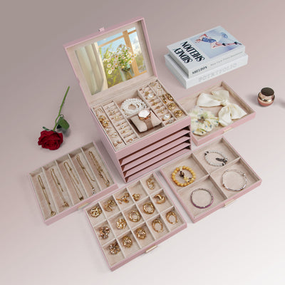 AdelDream 5-stöckige Schmuckkästchen mit Kleeblatt-Knopf Schmuckaufbewahrung mit ausziehbarem Tablett Schmuck Organizer mit großem Spiegel,DIY verstellbare Fächer