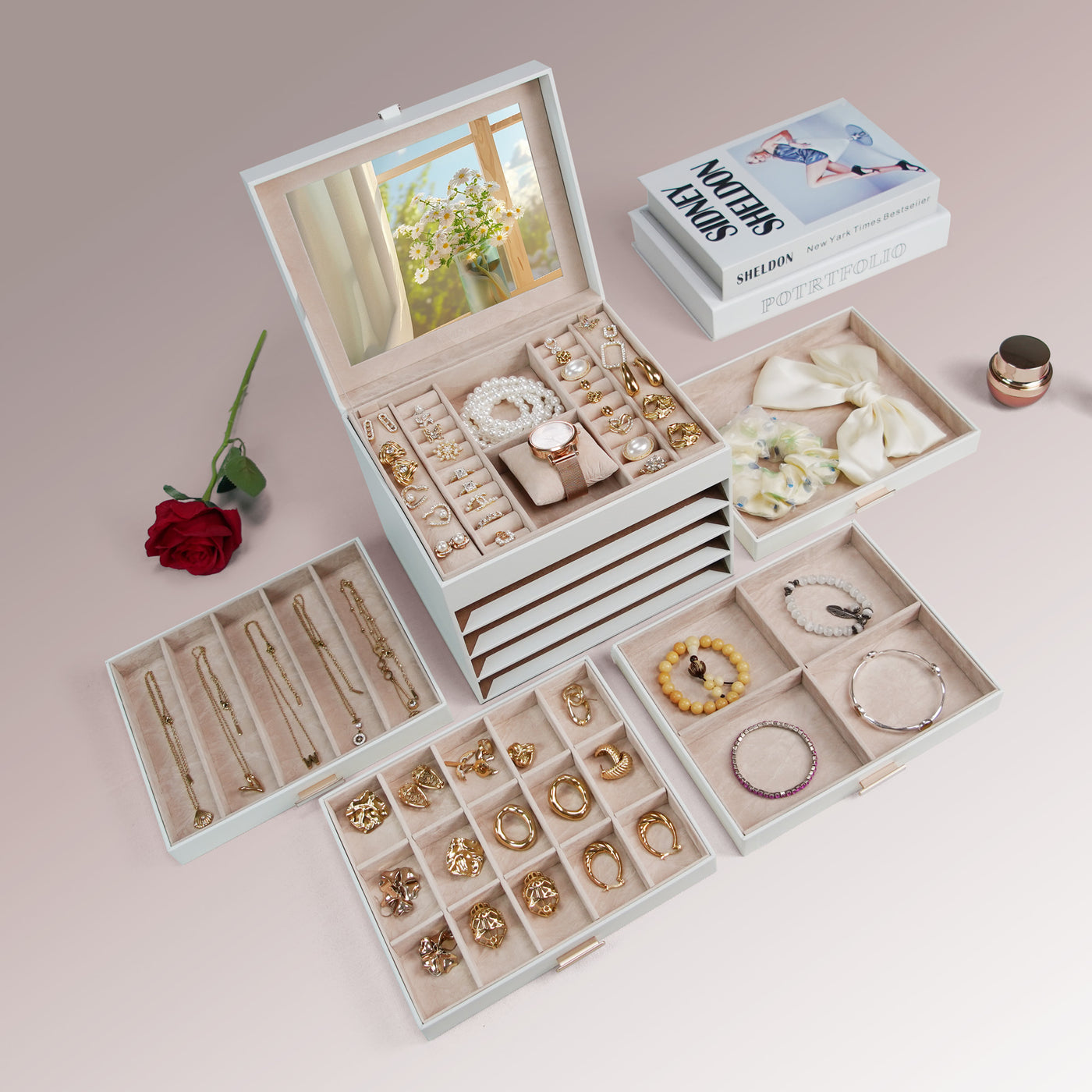 AdelDream 5-stöckige Schmuckkästchen mit Kleeblatt-Knopf Schmuckaufbewahrung mit ausziehbarem Tablett Schmuck Organizer mit großem Spiegel,DIY verstellbare Fächer