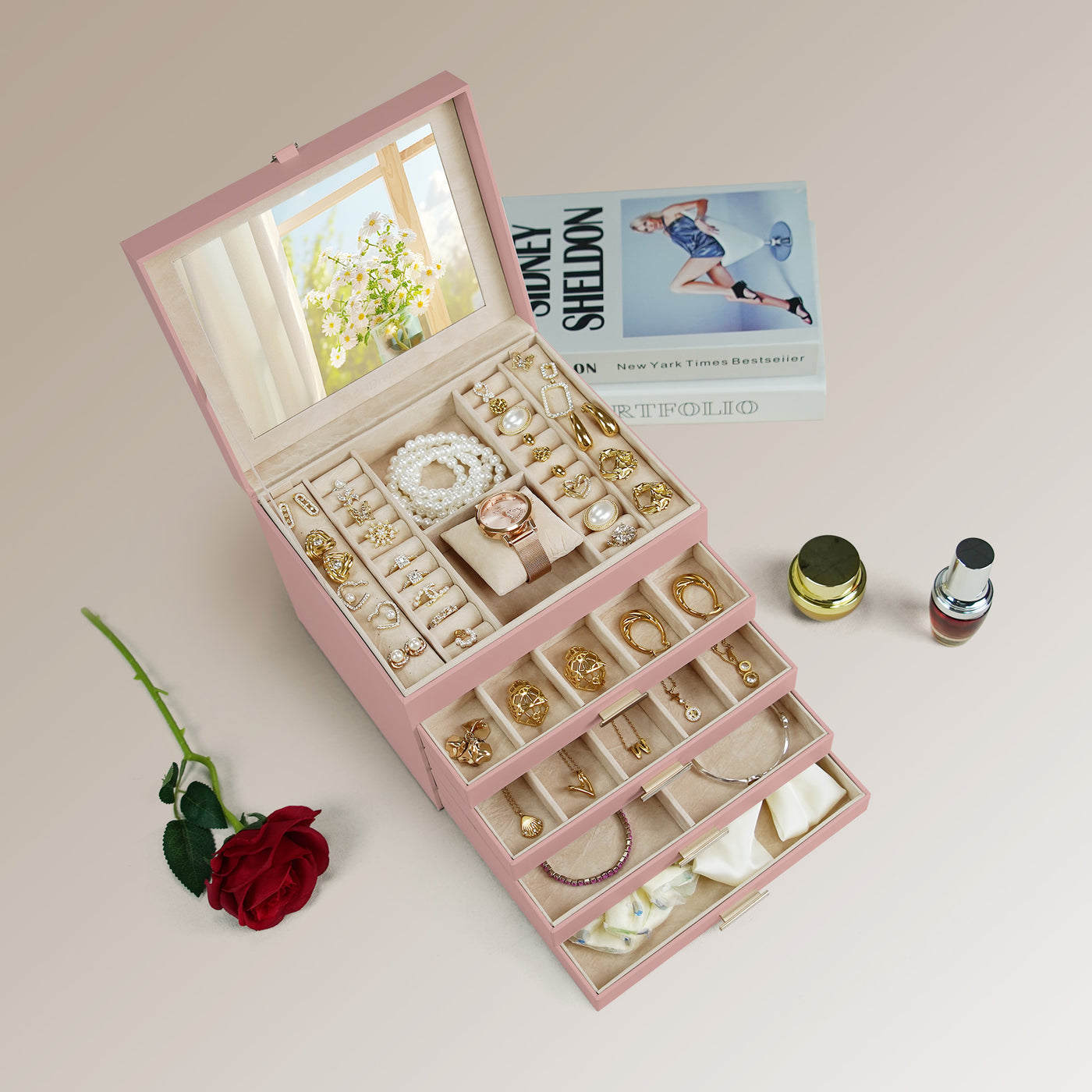 AdelDream 5-stöckige Schmuckkästchen mit Kleeblatt-Knopf Schmuckaufbewahrung mit ausziehbarem Tablett Schmuck Organizer mit großem Spiegel,DIY verstellbare Fächer