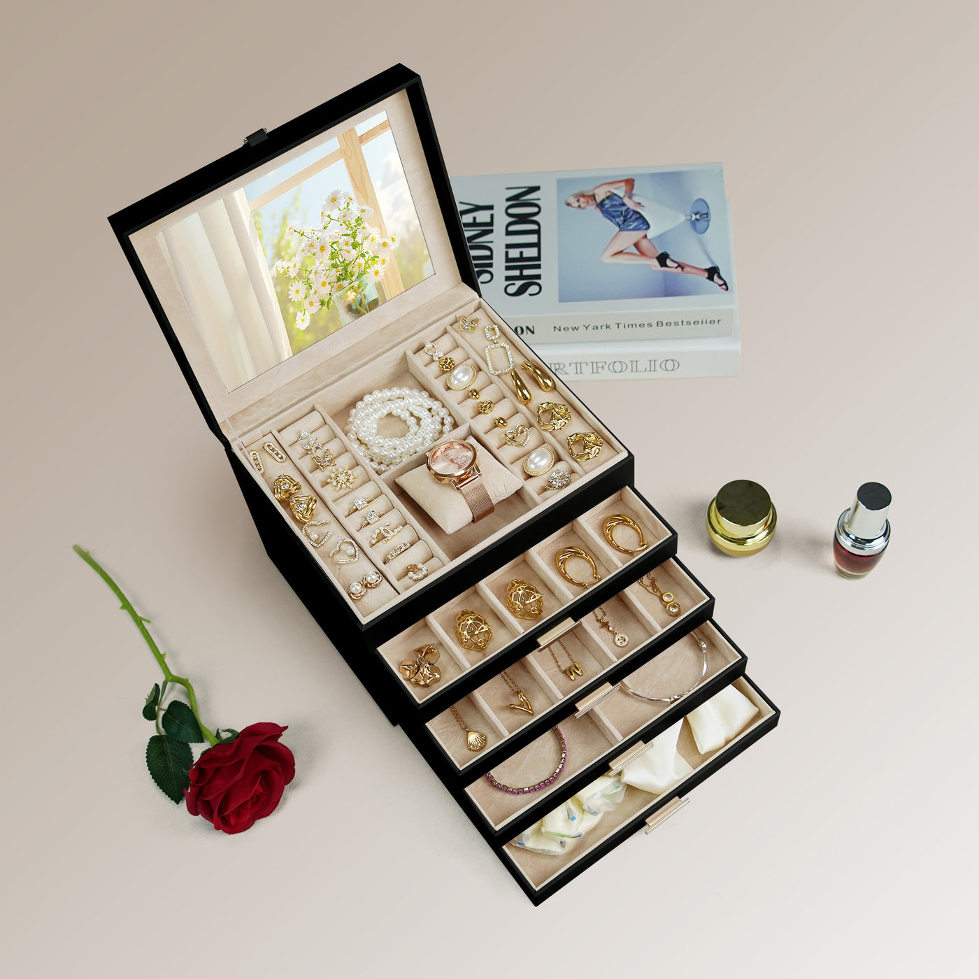 AdelDream 5-stöckige Schmuckkästchen mit Kleeblatt-Knopf Schmuckaufbewahrung mit ausziehbarem Tablett Schmuck Organizer mit großem Spiegel,DIY verstellbare Fächer