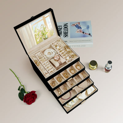 AdelDream 5-stöckige Schmuckkästchen mit Kleeblatt-Knopf Schmuckaufbewahrung mit ausziehbarem Tablett Schmuck Organizer mit großem Spiegel,DIY verstellbare Fächer