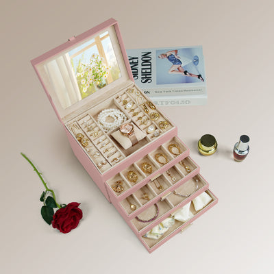 AdelDream 5-stöckige Schmuckkästchen mit Kleeblatt-Knopf Schmuckaufbewahrung mit ausziehbarem Tablett Schmuck Organizer mit großem Spiegel,DIY verstellbare Fächer
