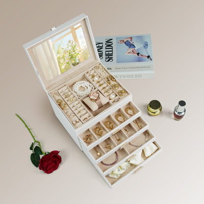 AdelDream 5-stöckige Schmuckkästchen mit Kleeblatt-Knopf Schmuckaufbewahrung mit ausziehbarem Tablett Schmuck Organizer mit großem Spiegel,DIY verstellbare Fächer