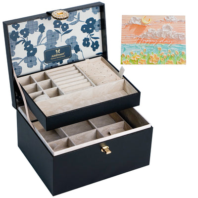 AdelDream Schmuckkästchen, Schmuckkasten mit 3 Ebenen, Schmuckbox mit Knöpfen, Schmuckaufbewahrung, viel Stauraum, modern, Geschenkbox-Verpackung für Ihre Liebsten