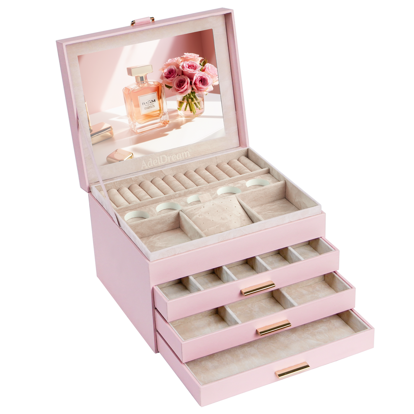 AdelDream Schmuckkästchen, Schmuckkasten mit 4 Ebenen Rosa