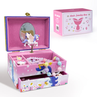 AdelDream Musik-Aufbewahrungsbox mit Einhorn  Engelsflügeln, Halskette, Armband, Ring und Ohrringen, Musik-Schmuckkästchen, Geschenk für Kinder