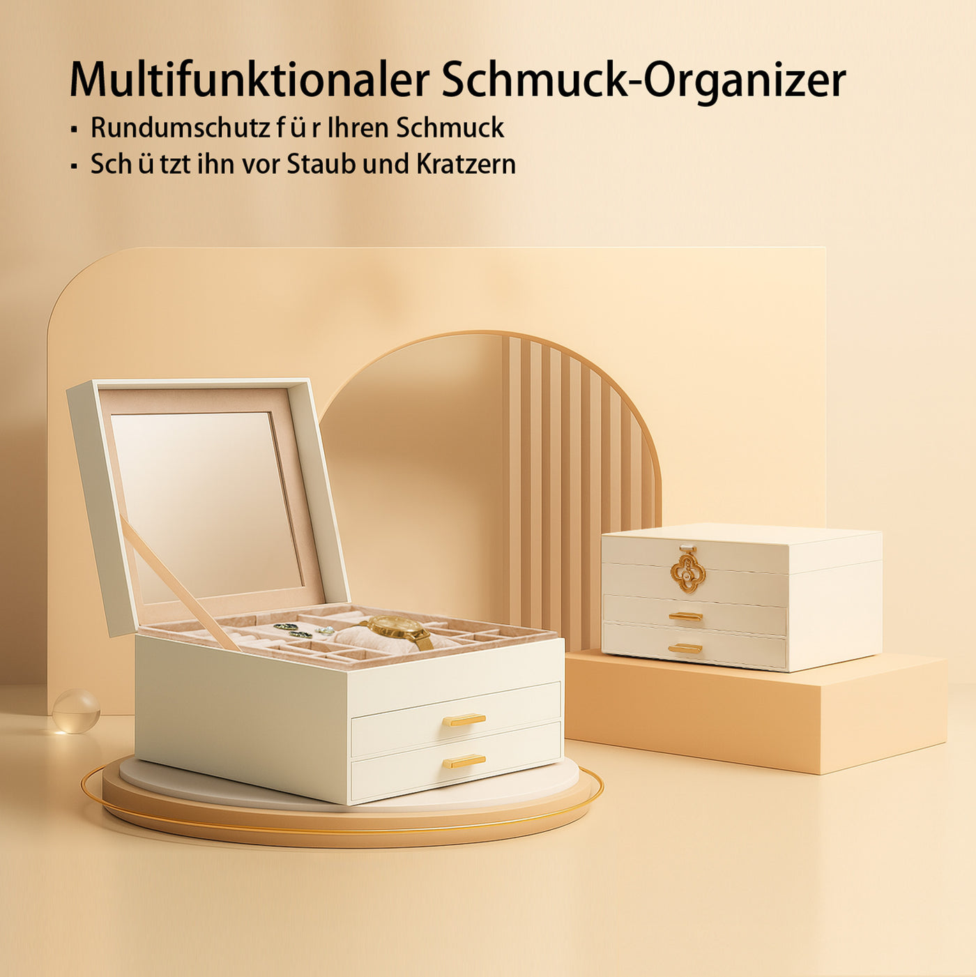 ADEL DREAM 3-stöckige Schmuckkästchen mit Kleeblatt-Knopf Schmuckaufbewahrung mit ausziehbarem Tablett Schmuck Organizer mit großem Spiegel,DIY verstellbare Fächer