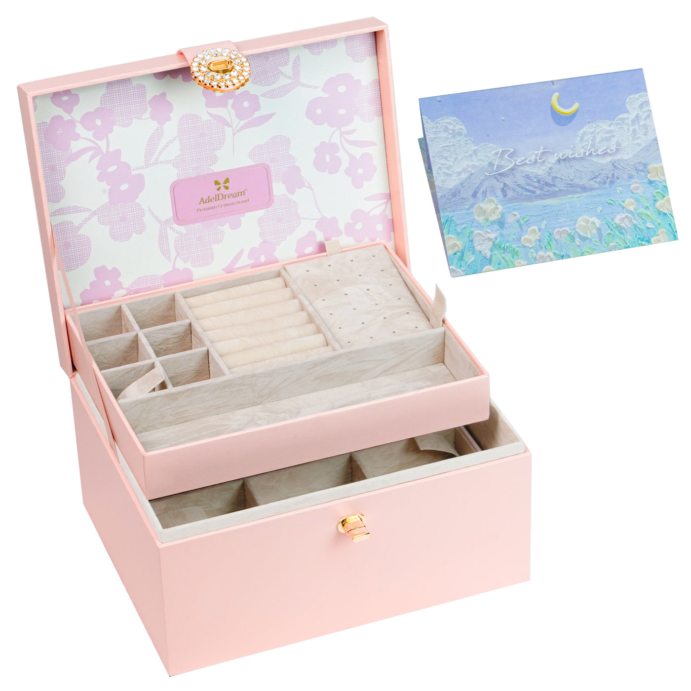 AdelDream Schmuckkästchen, Schmuckkasten mit 3 Ebenen, Schmuckbox mit Knöpfen, Schmuckaufbewahrung, viel Stauraum, modern, Geschenkbox-Verpackung für Ihre Liebsten