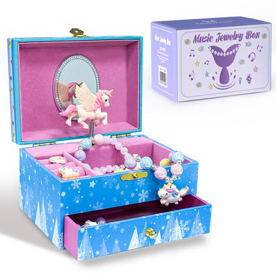 AdelDream Musik-Aufbewahrungsbox mit Einhorn  Engelsflügeln, Halskette, Armband, Ring und Ohrringen, Musik-Schmuckkästchen, Geschenk für Kinder