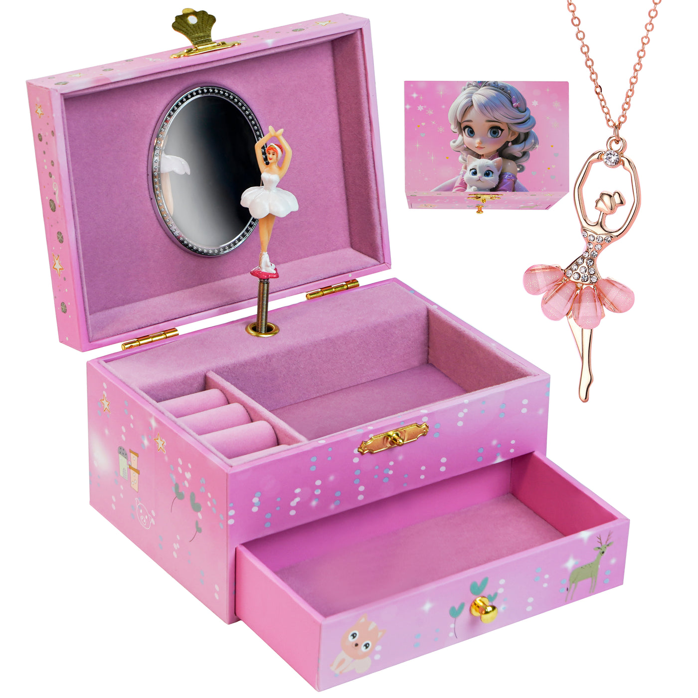 AdelDream Musik-Aufbewahrungsbox (ein Mädchen-Anhänger) Musikschmuckkästchen 2 Ausziehfächer Schmuck　Musik-Schmuckschatulle drehendes Mädchen Schmuckschatulle Geschenk für Mädchen