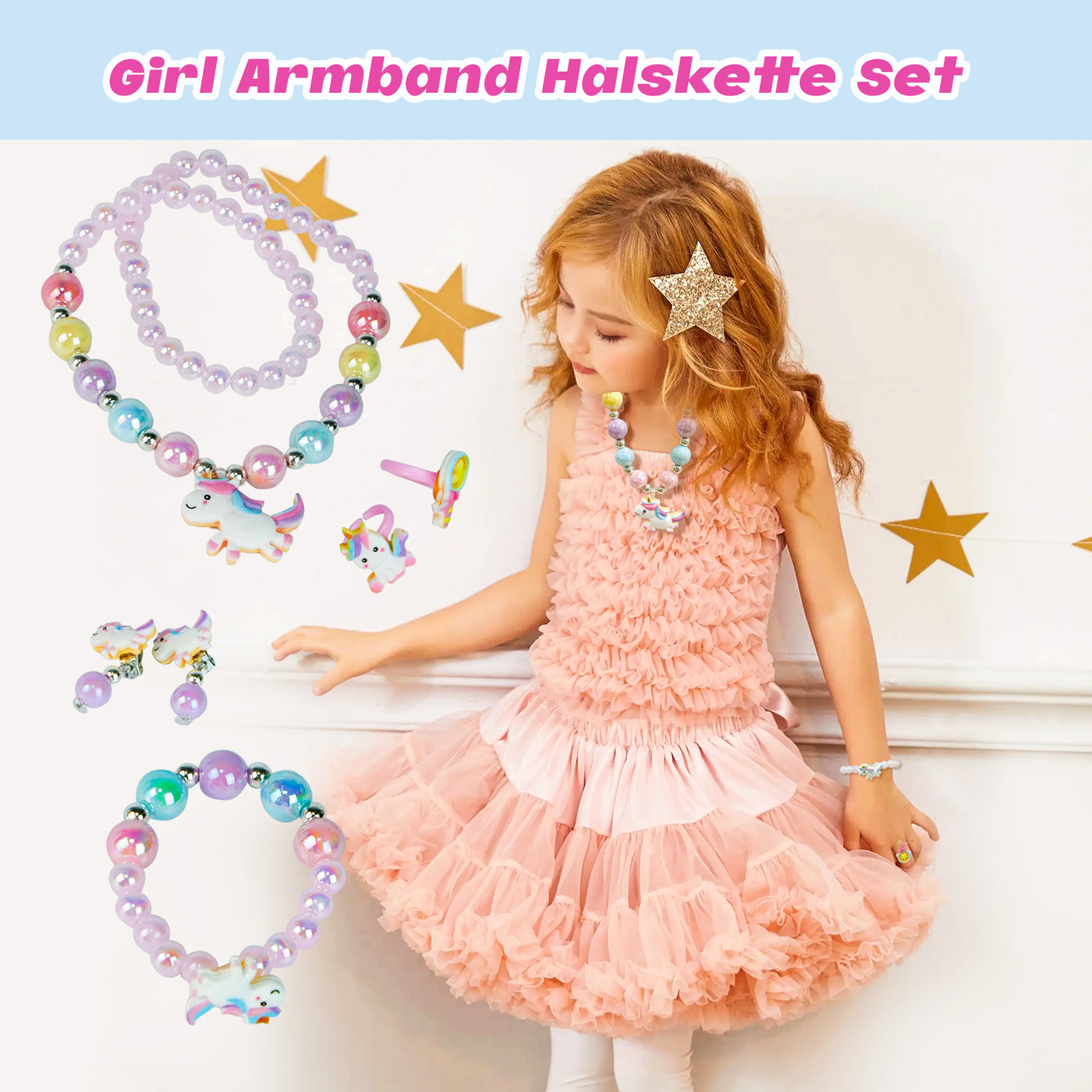 AdelDream Musik-Aufbewahrungsbox mit Einhorn  Engelsflügeln, Halskette, Armband, Ring und Ohrringen, Musik-Schmuckkästchen, Geschenk für Kinder