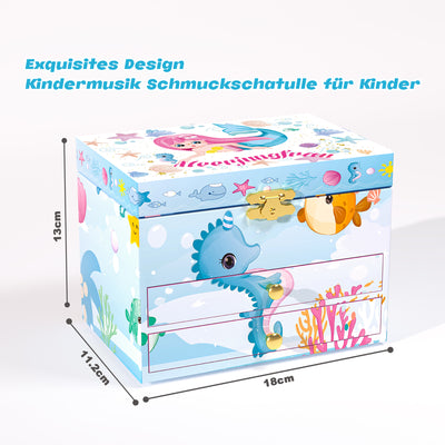 AdelDream Musik-Aufbewahrungsbox, drehbare Meerjungfrau, Muschel-Halskette, Armband, Ring und Ohrringe, Musik-Schmuckkästchen, Kindergeschenk
