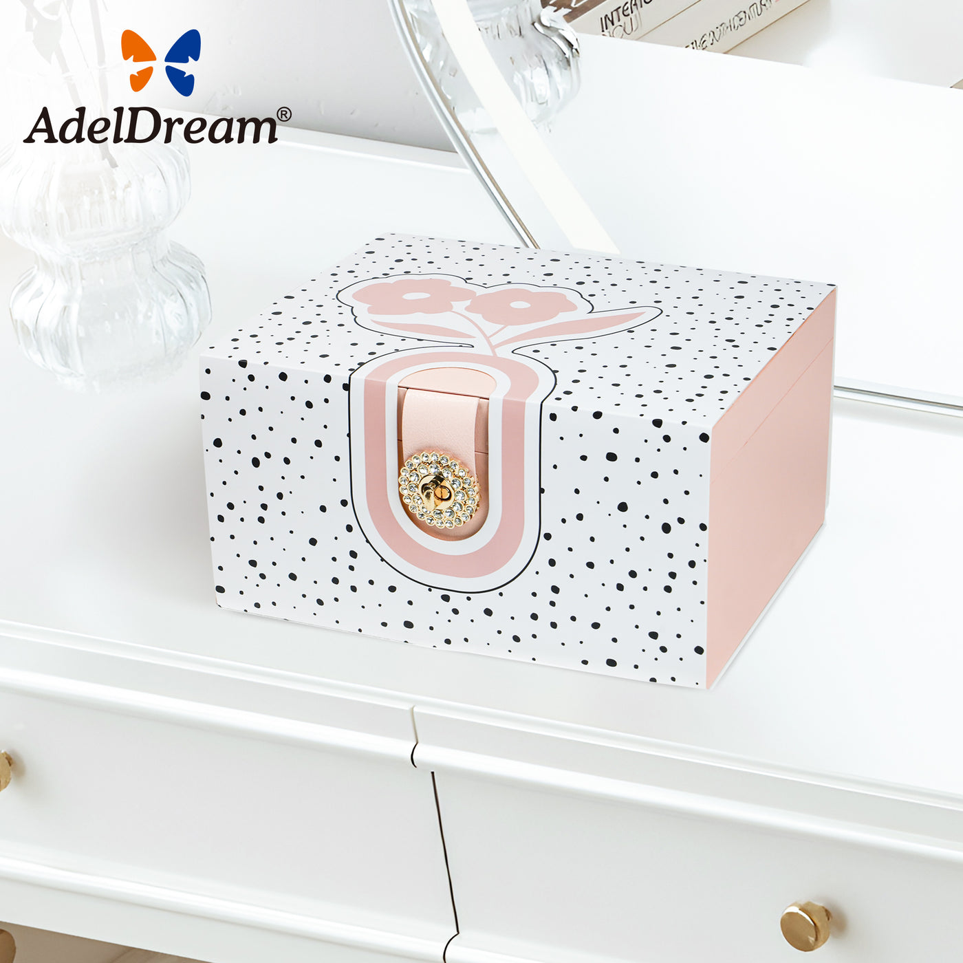 AdelDream Schmuckkästchen, Schmuckkasten mit 3 Ebenen, Schmuckbox mit Knöpfen, Schmuckaufbewahrung, viel Stauraum, modern, Geschenkbox-Verpackung für Ihre Liebsten