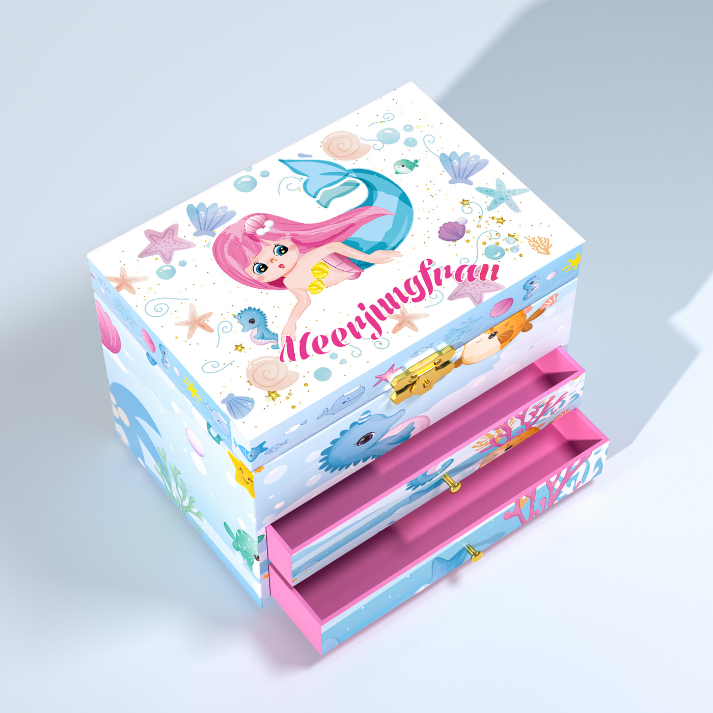 AdelDream Musik-Aufbewahrungsbox, drehbare Meerjungfrau, Muschel-Halskette, Armband, Ring und Ohrringe, Musik-Schmuckkästchen, Kindergeschenk