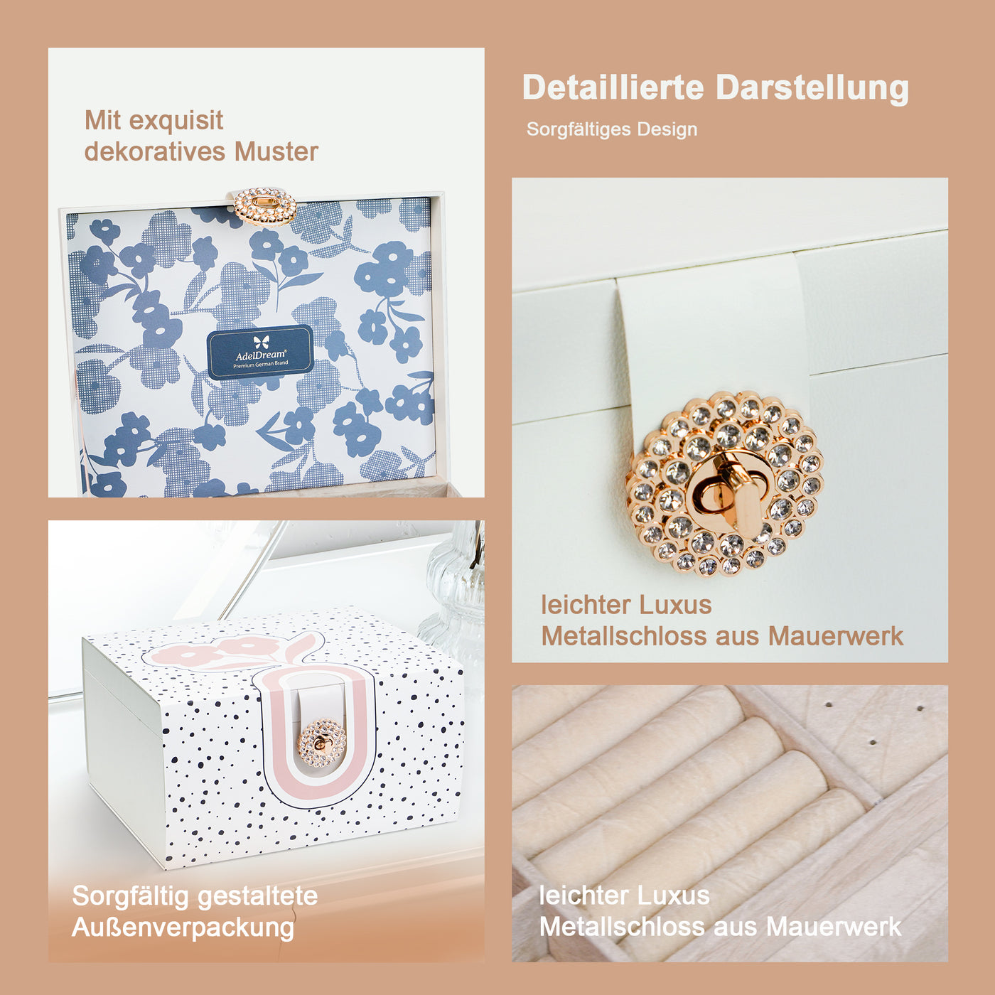 AdelDream Schmuckkästchen, Schmuckkasten mit 3 Ebenen, Schmuckbox mit Knöpfen, Schmuckaufbewahrung, viel Stauraum, modern, Geschenkbox-Verpackung für Ihre Liebsten