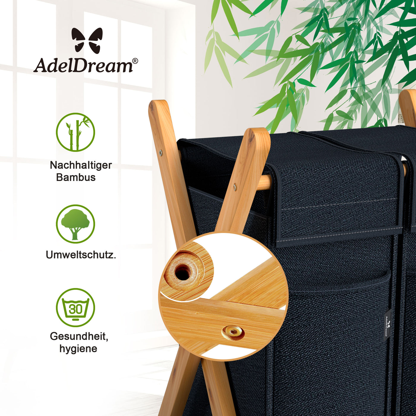 AdelDream Wäschekorb 2 Fächer,100 L Bambus laundry baskets X-förmige Bambusregale