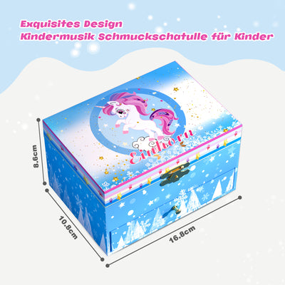AdelDream Musik-Aufbewahrungsbox mit Einhorn  Engelsflügeln, Halskette, Armband, Ring und Ohrringen, Musik-Schmuckkästchen, Geschenk für Kinder
