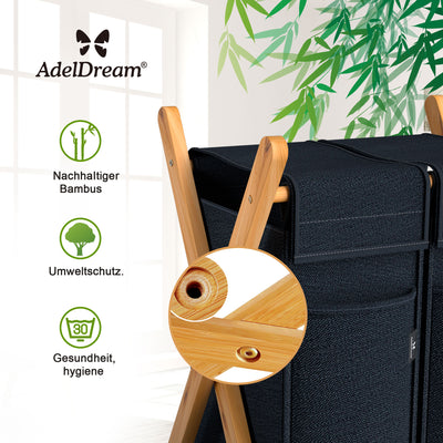 AdelDream Wäschekorb 2 Fächer,100 L Bambus laundry baskets X-förmige Bambusregale
