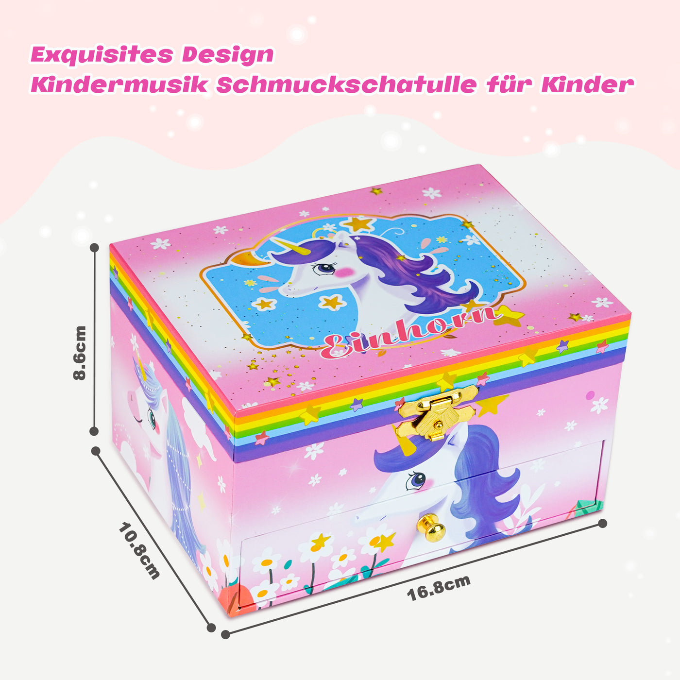 AdelDream Musik-Aufbewahrungsbox mit Einhorn  Engelsflügeln, Halskette, Armband, Ring und Ohrringen, Musik-Schmuckkästchen, Geschenk für Kinder