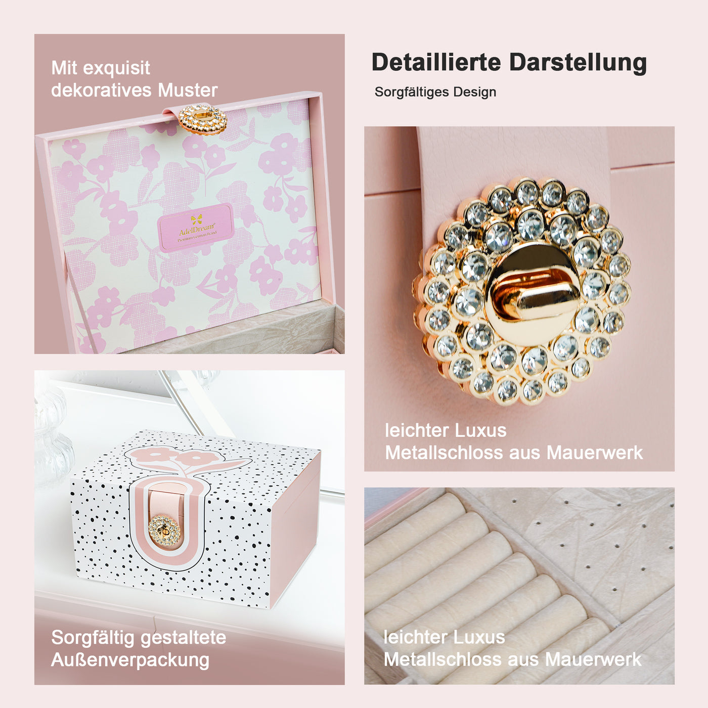 AdelDream Schmuckkästchen, Schmuckkasten mit 3 Ebenen, Schmuckbox mit Knöpfen, Schmuckaufbewahrung, viel Stauraum, modern, Geschenkbox-Verpackung für Ihre Liebsten
