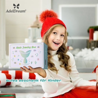 AdelDream Musik-Aufbewahrungsbox, drehbare Meerjungfrau,(5-teiliges Schmuckset) Muschel-Halskette, Armband, Ring und Ohrringe, Musik-Schmuckkästchen, Kindergeschenk