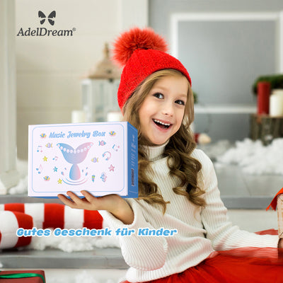 AdelDream Musik-Aufbewahrungsbox, drehbare Meerjungfrau, Muschel-Halskette, Armband, Ring und Ohrringe, Musik-Schmuckkästchen, Kindergeschenk