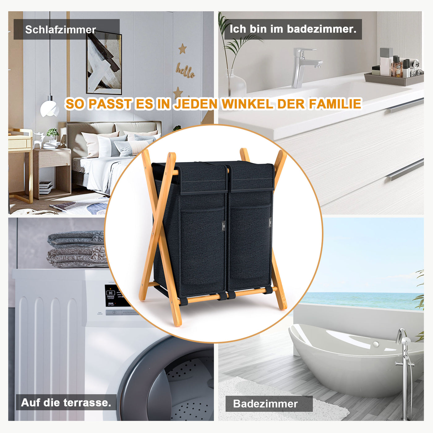 AdelDream Wäschekorb 2 Fächer,100 L Bambus laundry baskets X-förmige Bambusregale