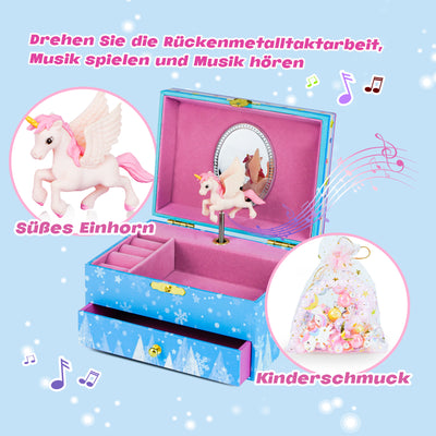 AdelDream Musik-Aufbewahrungsbox mit Einhorn  Engelsflügeln, Halskette, Armband, Ring und Ohrringen, Musik-Schmuckkästchen, Geschenk für Kinder