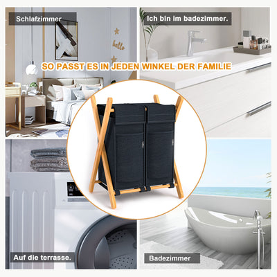 AdelDream Wäschekorb 2 Fächer,100 L Bambus laundry baskets X-förmige Bambusregale