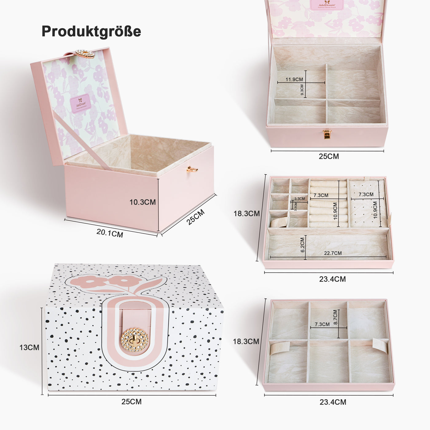 AdelDream Schmuckkästchen, Schmuckkasten mit 3 Ebenen, Schmuckbox mit Knöpfen, Schmuckaufbewahrung, viel Stauraum, modern, Geschenkbox-Verpackung für Ihre Liebsten