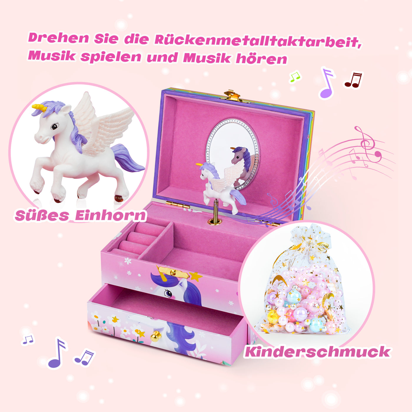 AdelDream Musik-Aufbewahrungsbox mit Einhorn  Engelsflügeln, Halskette, Armband, Ring und Ohrringen, Musik-Schmuckkästchen, Geschenk für Kinder
