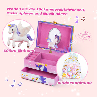 AdelDream Musik-Aufbewahrungsbox mit Einhorn  Engelsflügeln, Halskette, Armband, Ring und Ohrringen, Musik-Schmuckkästchen, Geschenk für Kinder