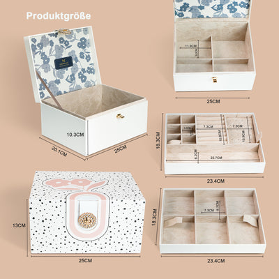 AdelDream Schmuckkästchen, Schmuckkasten mit 3 Ebenen, Schmuckbox mit Knöpfen, Schmuckaufbewahrung, viel Stauraum, modern, Geschenkbox-Verpackung für Ihre Liebsten