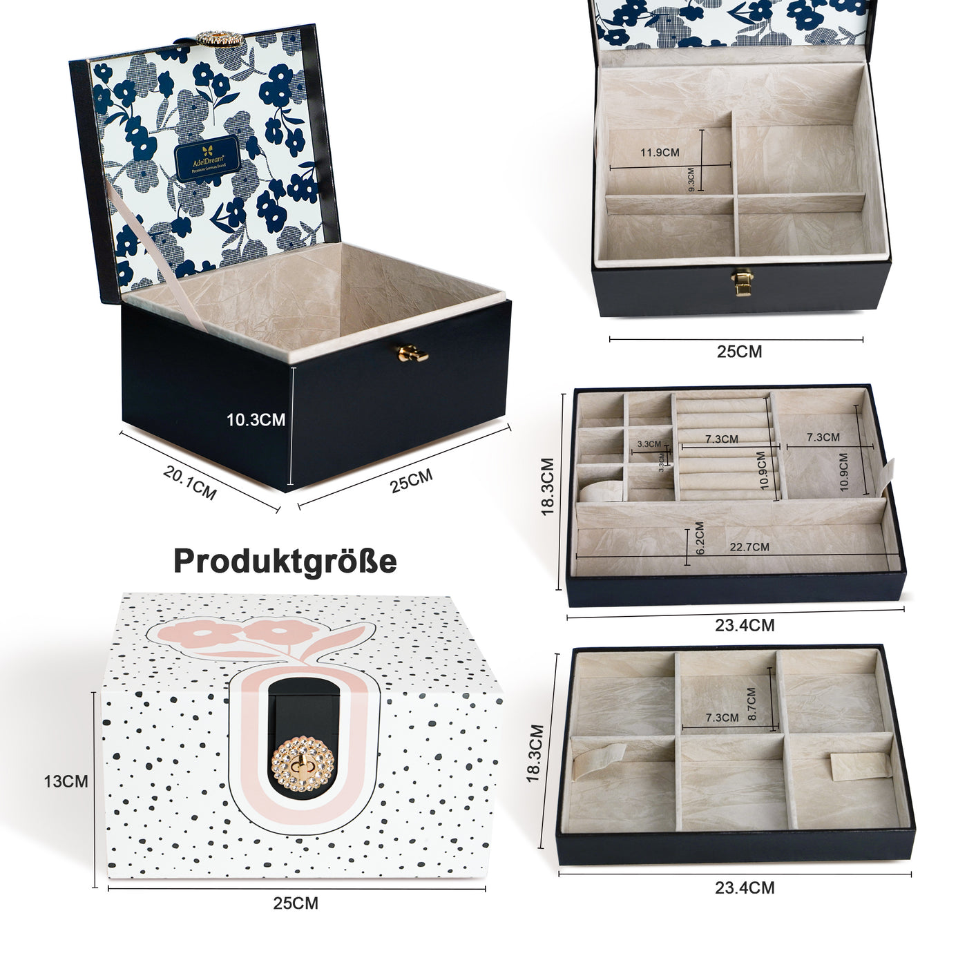 AdelDream Schmuckkästchen, Schmuckkasten mit 3 Ebenen, Schmuckbox mit Knöpfen, Schmuckaufbewahrung, viel Stauraum, modern, Geschenkbox-Verpackung für Ihre Liebsten