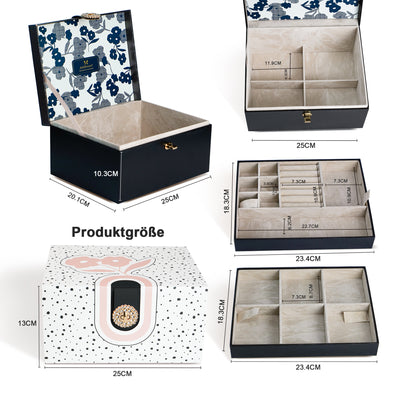 AdelDream Schmuckkästchen, Schmuckkasten mit 3 Ebenen, Schmuckbox mit Knöpfen, Schmuckaufbewahrung, viel Stauraum, modern, Geschenkbox-Verpackung für Ihre Liebsten