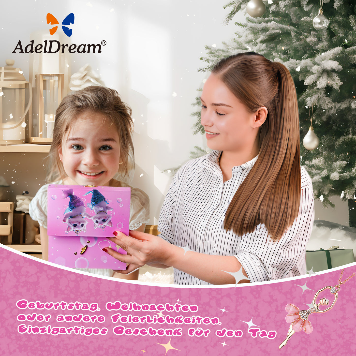 AdelDream Spieluhr Schmuckkästchen (mit zwei Katzen-Anhängern) Musik-Aufbewahrungsbox dreischichtige Spieluhr süße Katze Musikalische Schmuckschatulle für Kindern Geschenke