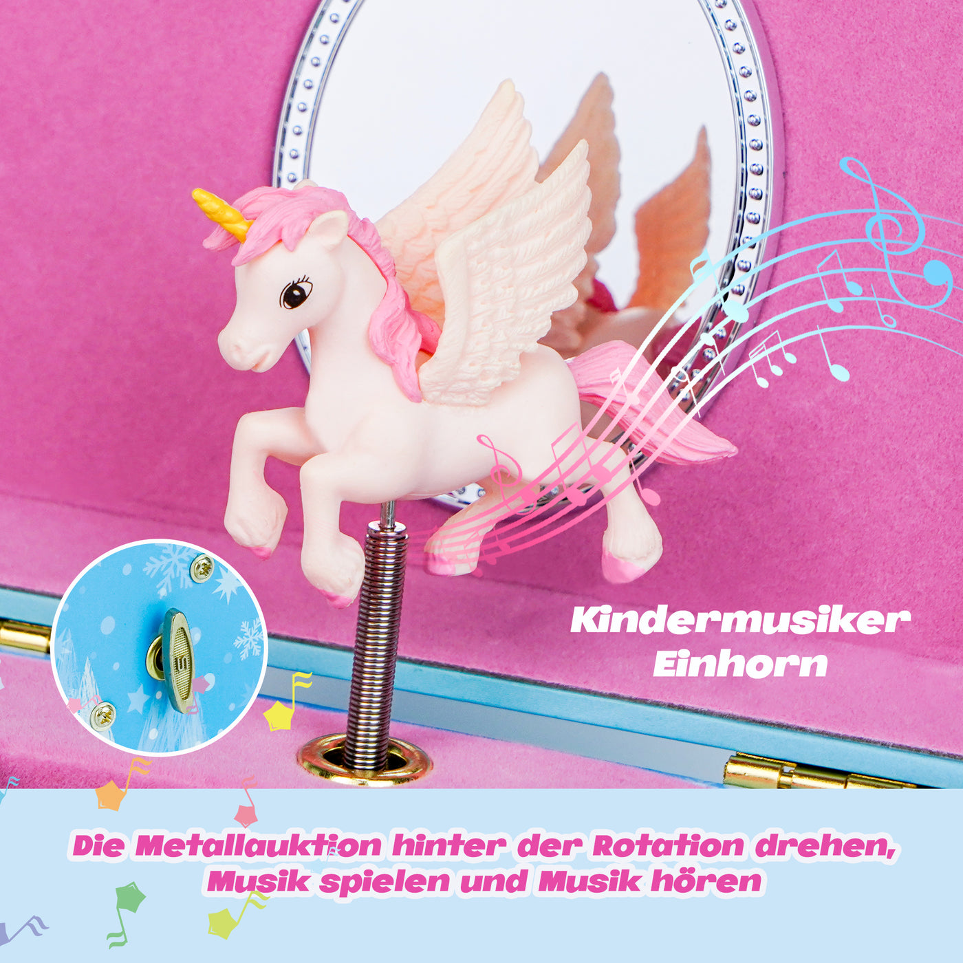AdelDream Musik-Aufbewahrungsbox mit Einhorn  Engelsflügeln, Halskette, Armband, Ring und Ohrringen, Musik-Schmuckkästchen, Geschenk für Kinder