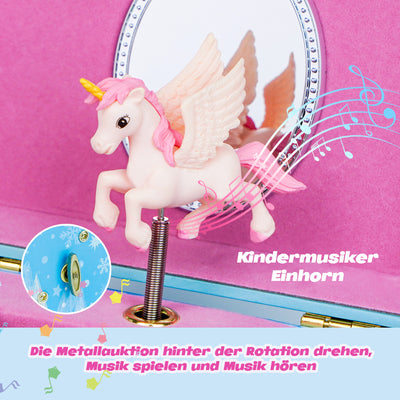 AdelDream Musik-Aufbewahrungsbox mit Einhorn  Engelsflügeln, Halskette, Armband, Ring und Ohrringen, Musik-Schmuckkästchen, Geschenk für Kinder