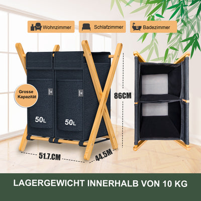 AdelDream Wäschekorb 2 Fächer,100 L Bambus laundry baskets X-förmige Bambusregale