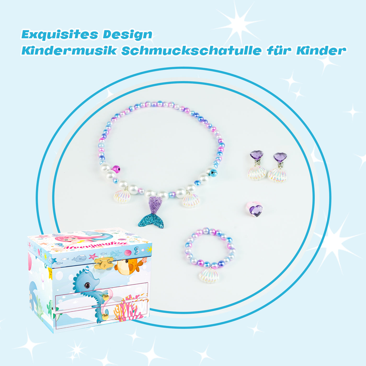 AdelDream Musik-Aufbewahrungsbox, drehbare Meerjungfrau, Muschel-Halskette, Armband, Ring und Ohrringe, Musik-Schmuckkästchen, Kindergeschenk
