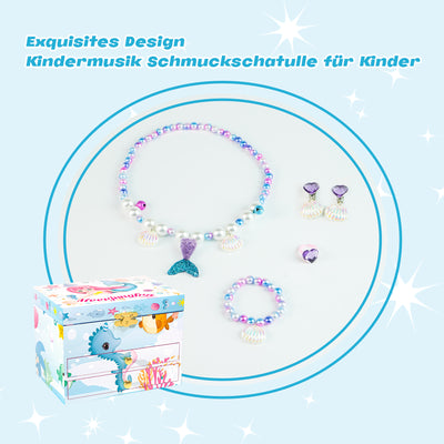AdelDream Musik-Aufbewahrungsbox, drehbare Meerjungfrau, Muschel-Halskette, Armband, Ring und Ohrringe, Musik-Schmuckkästchen, Kindergeschenk