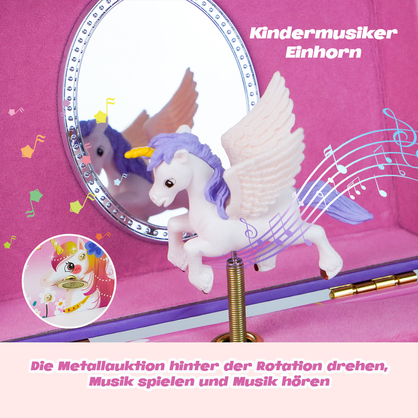 AdelDream Musik-Aufbewahrungsbox mit Einhorn  Engelsflügeln, Halskette, Armband, Ring und Ohrringen, Musik-Schmuckkästchen, Geschenk für Kinder