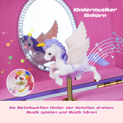 AdelDream Musik-Aufbewahrungsbox mit Einhorn  Engelsflügeln, Halskette, Armband, Ring und Ohrringen, Musik-Schmuckkästchen, Geschenk für Kinder