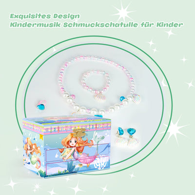 AdelDream Musik-Aufbewahrungsbox, drehbare Meerjungfrau,(5-teiliges Schmuckset) Muschel-Halskette, Armband, Ring und Ohrringe, Musik-Schmuckkästchen, Kindergeschenk
