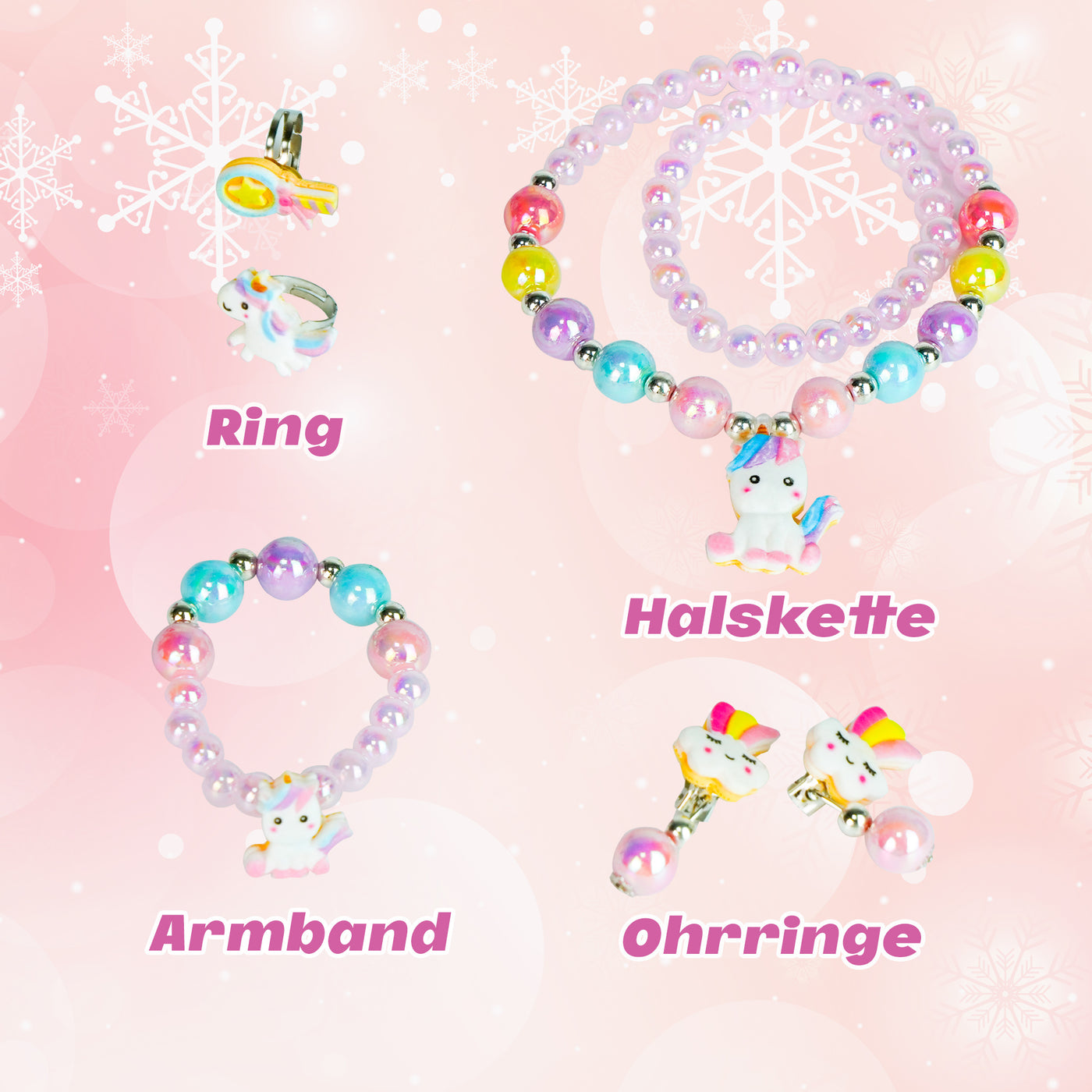 AdelDream Musik-Aufbewahrungsbox mit Einhorn  Engelsflügeln, Halskette, Armband, Ring und Ohrringen, Musik-Schmuckkästchen, Geschenk für Kinder