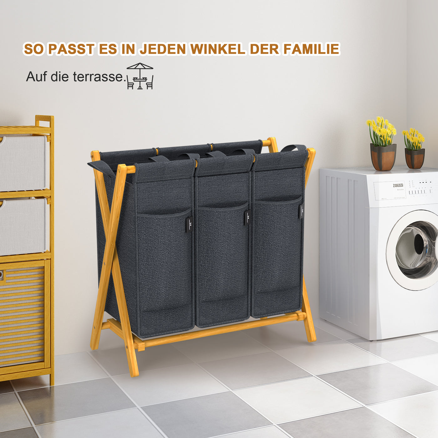 AdelDream Wäschekorb 2 Fächer,100 L Bambus laundry baskets X-förmige Bambusregale